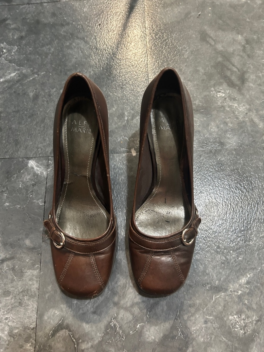 Alex Marie Brown Leather Buckle Round-Toe Heels